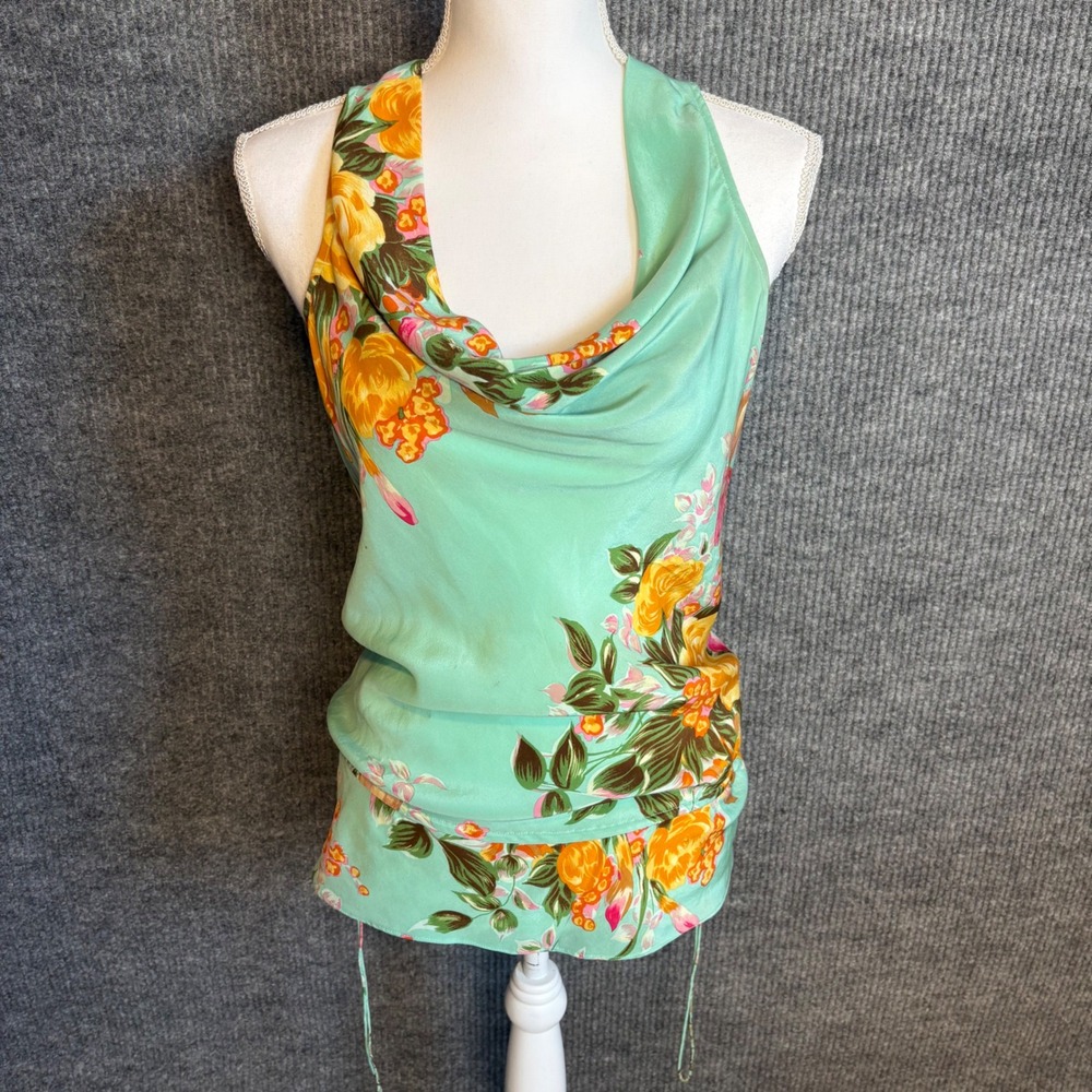 Plenty by Tracy Reese Mint Green Floral 100% Silk Cowl Neck Tie Back Top Size 6